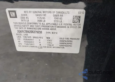 2013 GMC Terrain Sle-2 from USA, damaged, VIN 2GKFLTEK2D6279238